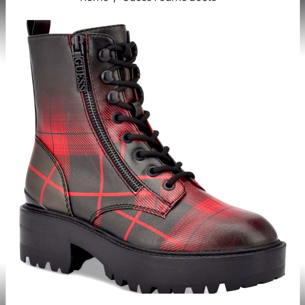 New Guess Fearne Red Plaid Combat Boots